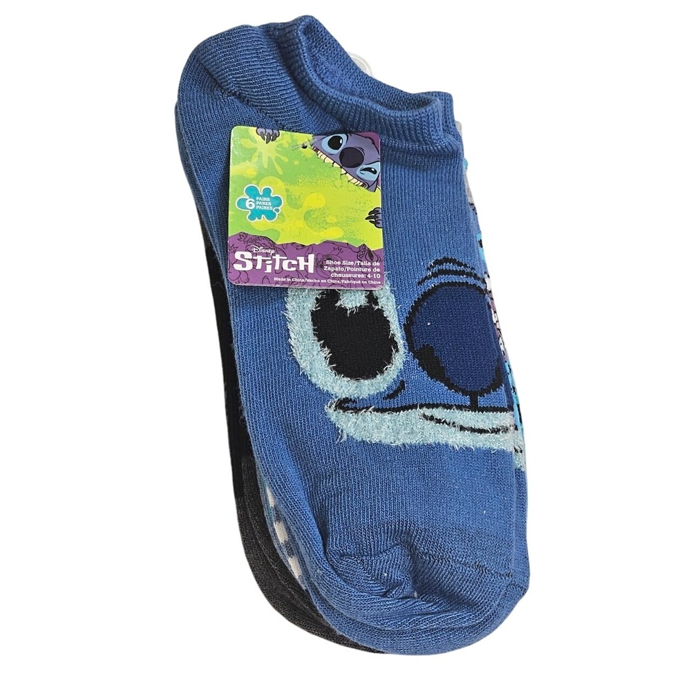 Disney Stitch Kids No Show Socks 6 Pair Pack Character Print Blue Shoe Size 4-10